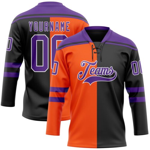 SplitF1177_b6ed3d48-2038-4e02-80b9-2b8e6517e942 Custom Black Purple Orange-White Split Fashion Hockey Lace Neck Jersey