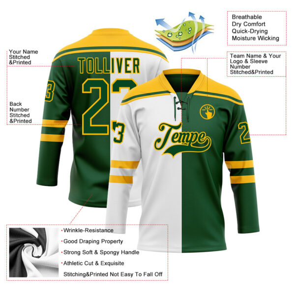 Custom Green Gold-White Split Fashion Hockey Lace Neck Jersey