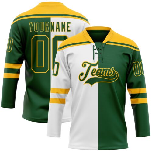 SplitF1178 Custom Green Gold-White Split Fashion Hockey Lace Neck Jersey