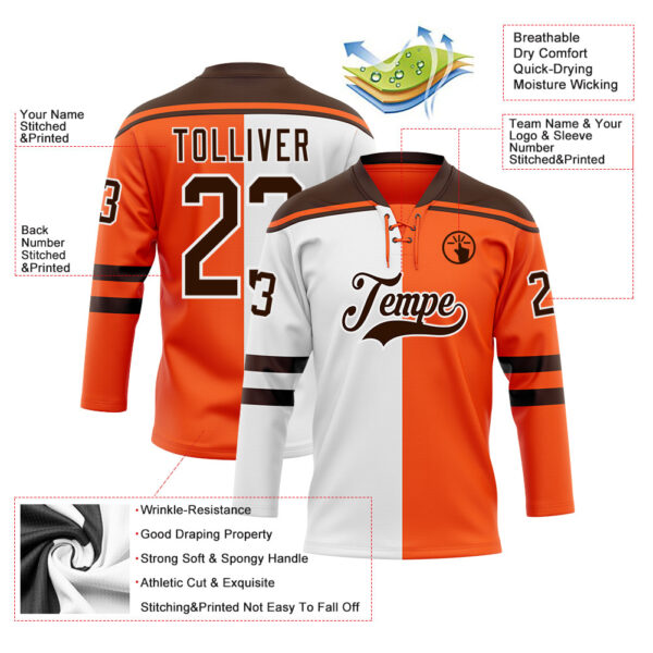 Custom Orange Brown-White Split Fashion Hockey Lace Neck Jersey