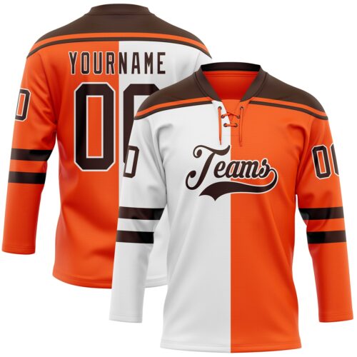 SplitF1179 Custom Orange Brown-White Split Fashion Hockey Lace Neck Jersey