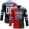 Custom Black White Red-Light Blue Split Fashion Hockey Lace Neck Jersey