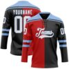Custom Black White Red-Light Blue Split Fashion Hockey Lace Neck Jersey