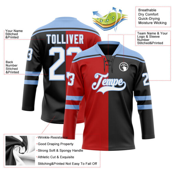 Custom Black White Red-Light Blue Split Fashion Hockey Lace Neck Jersey