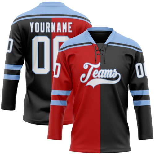 SplitF1180 Custom Black White Red-Light Blue Split Fashion Hockey Lace Neck Jersey