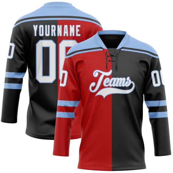 Custom Black White Red-Light Blue Split Fashion Hockey Lace Neck Jersey