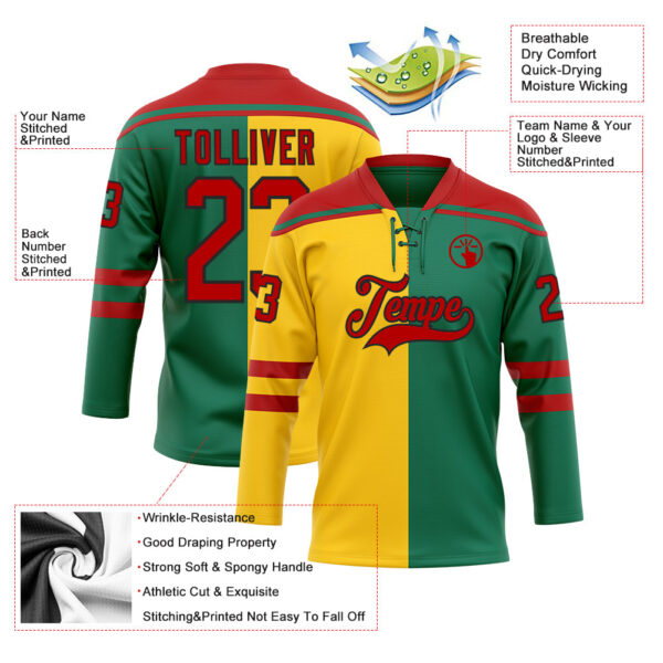 Custom Kelly Green Red Yellow-Black Split Fashion Hockey Lace Neck Jersey