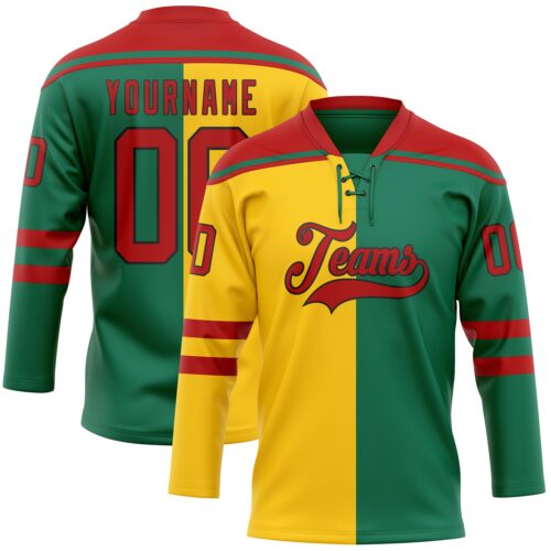 SplitF1181 Custom Kelly Green Red Yellow-Black Split Fashion Hockey Lace Neck Jersey