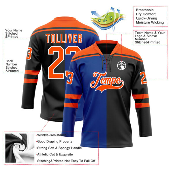 Custom Black Orange Royal-White Split Fashion Hockey Lace Neck Jersey