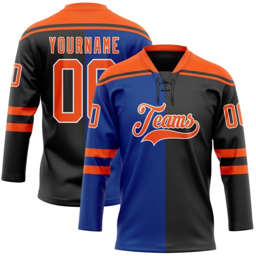 SplitF1182 Custom Black Orange Royal-White Split Fashion Hockey Lace Neck Jersey