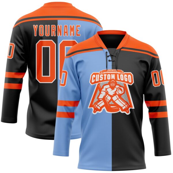Custom Black Orange Powder Blue-White Split Fashion Hockey Lace Neck Jersey