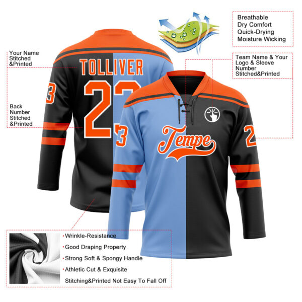 Custom Black Orange Powder Blue-White Split Fashion Hockey Lace Neck Jersey