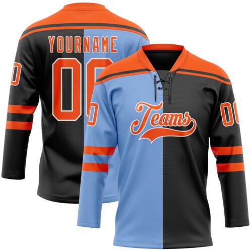 SplitF1183 Custom Black Orange Powder Blue-White Split Fashion Hockey Lace Neck Jersey