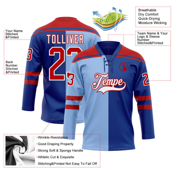 Custom Royal Red Light Blue-White Split Fashion Hockey Lace Neck Jersey