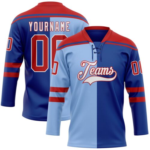 SplitF1184 Custom Royal Red Light Blue-White Split Fashion Hockey Lace Neck Jersey