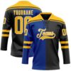 Custom Black Gold Royal-White Split Fashion Hockey Lace Neck Jersey