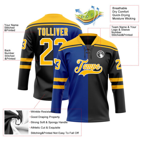 Custom Black Gold Royal-White Split Fashion Hockey Lace Neck Jersey