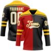 Custom Black White Red-Yellow Split Fashion Hockey Lace Neck Jersey