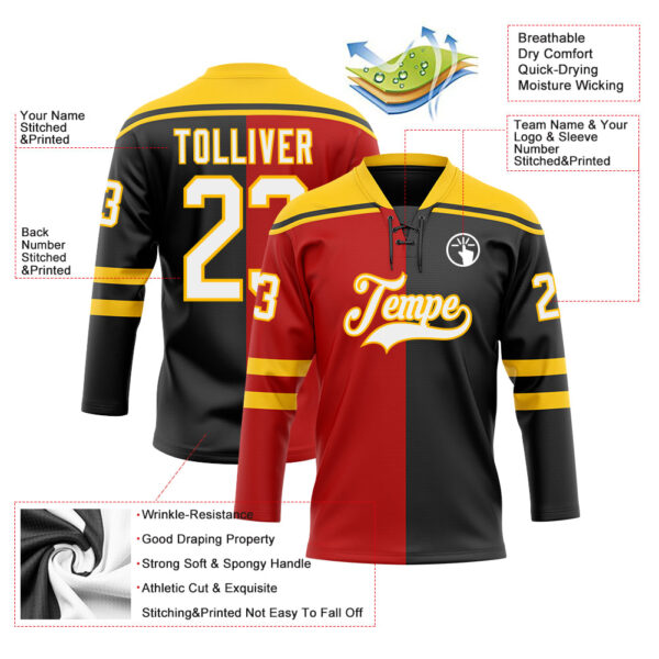 Custom Black White Red-Yellow Split Fashion Hockey Lace Neck Jersey