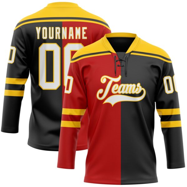 Custom Black White Red-Yellow Split Fashion Hockey Lace Neck Jersey