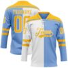 Custom Powder Blue Gold-White Split Fashion Hockey Lace Neck Jersey