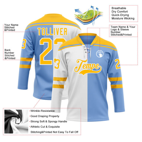 Custom Powder Blue Gold-White Split Fashion Hockey Lace Neck Jersey