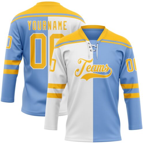 SplitF1187 Custom Powder Blue Gold-White Split Fashion Hockey Lace Neck Jersey