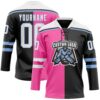 Custom Black White Pink-Light Blue Split Fashion Hockey Lace Neck Jersey