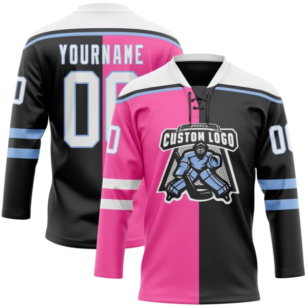 Custom Black White Pink-Light Blue Split Fashion Hockey Lace Neck Jersey
