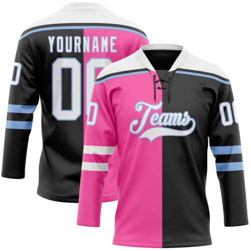 SplitF1188_9a93d36b-ac5a-498c-a2b3-80380bbc7585 Custom Black White Pink-Light Blue Split Fashion Hockey Lace Neck Jersey