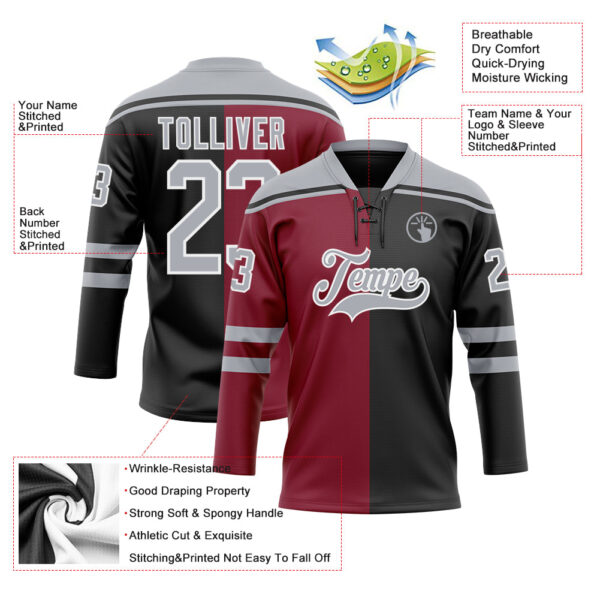 Custom Black Gray Crimson-White Split Fashion Hockey Lace Neck Jersey