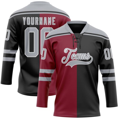 SplitF1189_f981b4e7-44af-4594-a119-acc881982d28 Custom Black Gray Crimson-White Split Fashion Hockey Lace Neck Jersey
