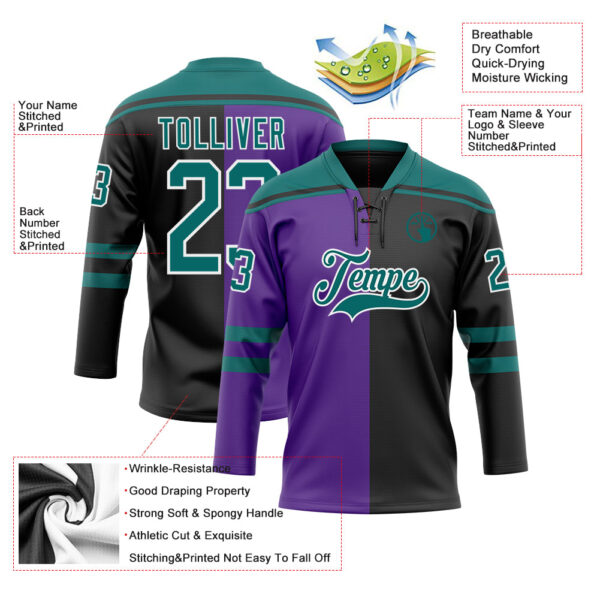 Custom Black Teal Purple-White Split Fashion Hockey Lace Neck Jersey