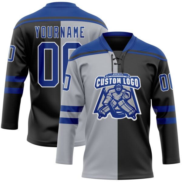 Custom Black Royal Gray-White Split Fashion Hockey Lace Neck Jersey