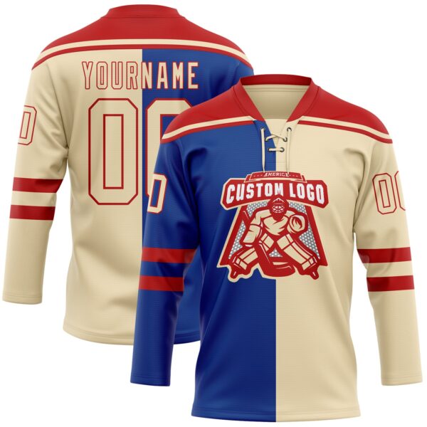 Custom Cream Royal-Red Split Fashion Hockey Lace Neck Jersey