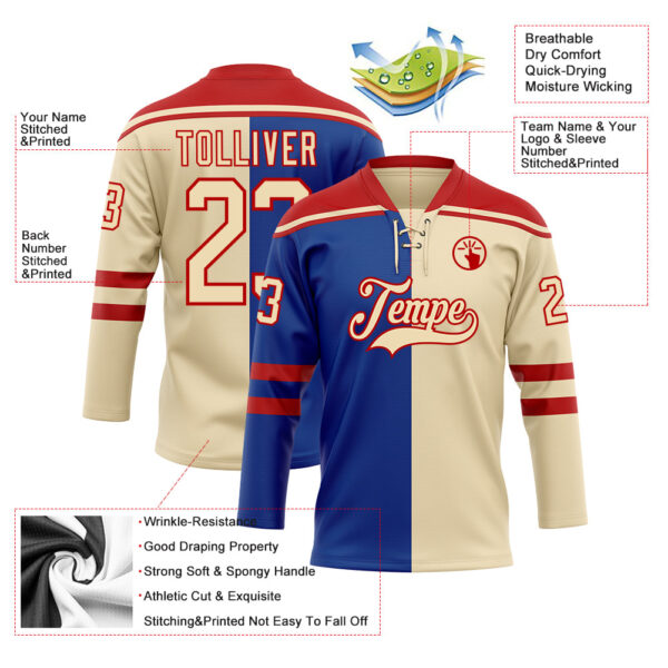 Custom Cream Royal-Red Split Fashion Hockey Lace Neck Jersey