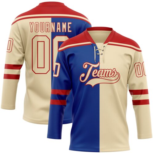SplitF1192 Custom Cream Royal-Red Split Fashion Hockey Lace Neck Jersey