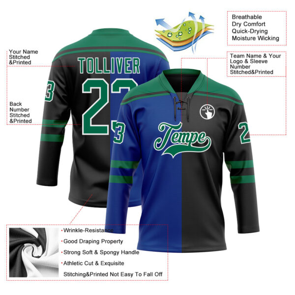 Custom Black Kelly Green Royal-White Split Fashion Hockey Lace Neck Jersey