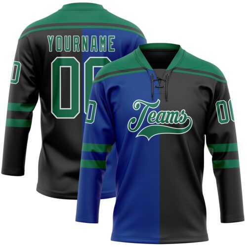 SplitF1193 Custom Black Kelly Green Royal-White Split Fashion Hockey Lace Neck Jersey