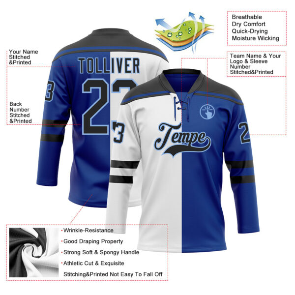 Custom Royal Black White-Light Blue Split Fashion Hockey Lace Neck Jersey
