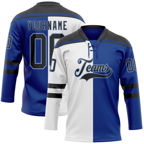 Custom Royal Black White-Light Blue Split Fashion Hockey Lace Neck Jersey