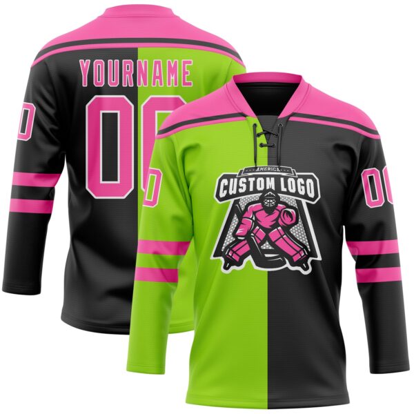 Custom Black Pink Neon Green-White Split Fashion Hockey Lace Neck Jersey