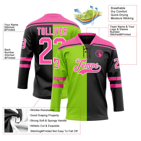 Custom Black Pink Neon Green-White Split Fashion Hockey Lace Neck Jersey