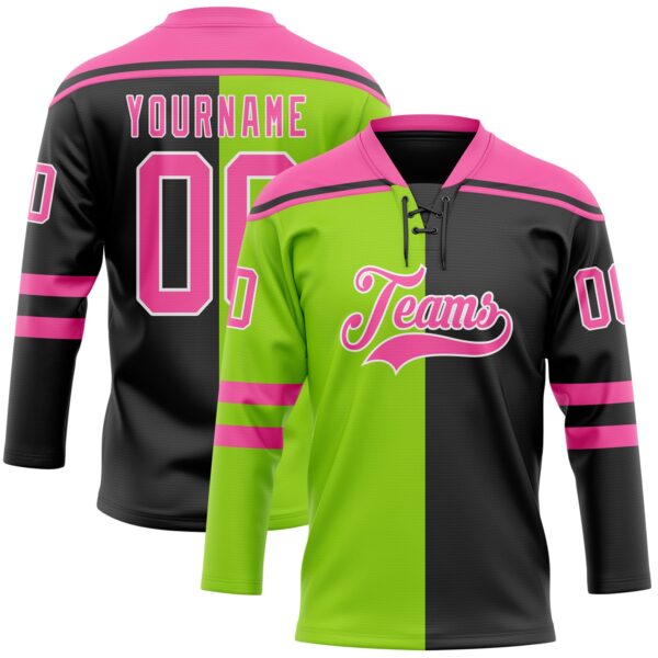 Custom Black Pink Neon Green-White Split Fashion Hockey Lace Neck Jersey