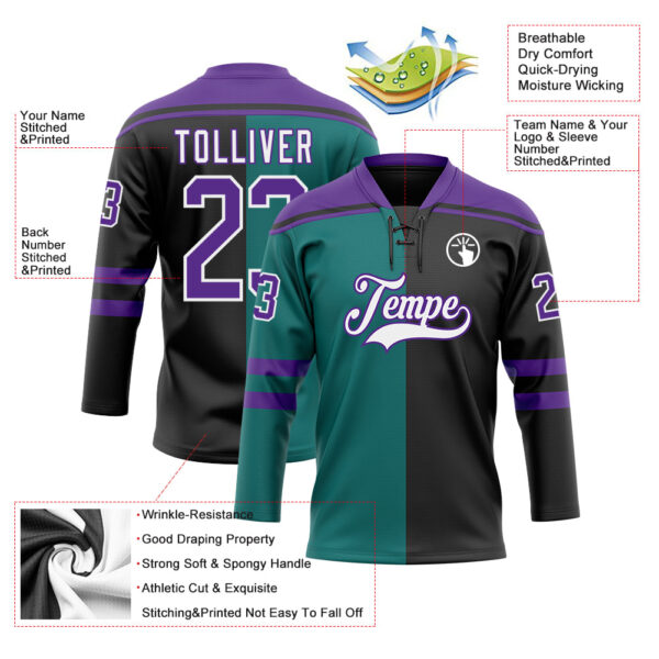 Custom Black Purple Teal-White Split Fashion Hockey Lace Neck Jersey