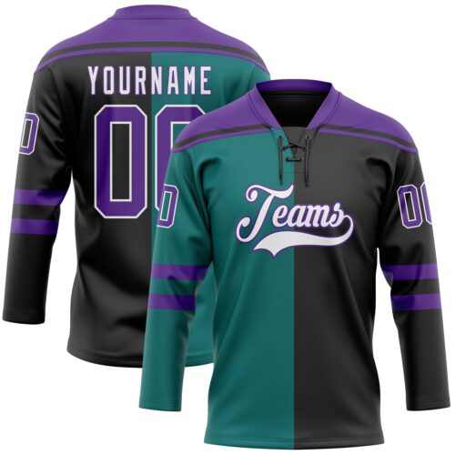 SplitF1196_d89c89b7-34be-404a-97b2-30413718e732 Custom Black Purple Teal-White Split Fashion Hockey Lace Neck Jersey