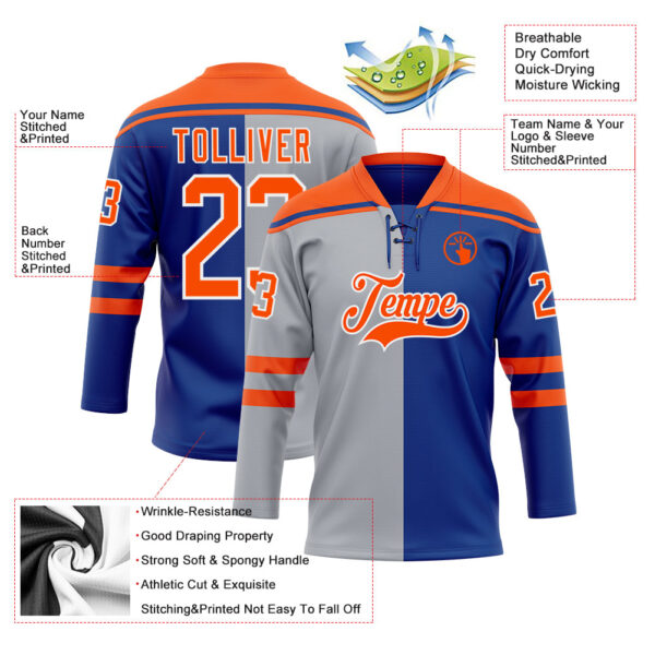 Custom Royal Orange Gray-White Split Fashion Hockey Lace Neck Jersey