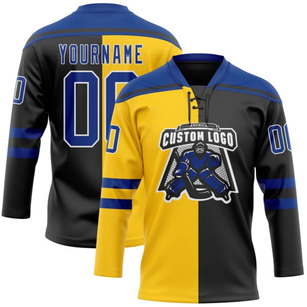 Custom Black Royal Yellow-White Split Fashion Hockey Lace Neck Jersey