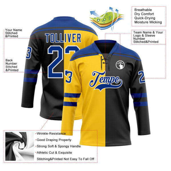 Custom Black Royal Yellow-White Split Fashion Hockey Lace Neck Jersey