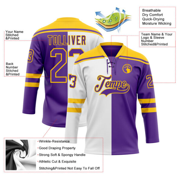 Custom Purple White-Yellow Split Fashion Hockey Lace Neck Jersey